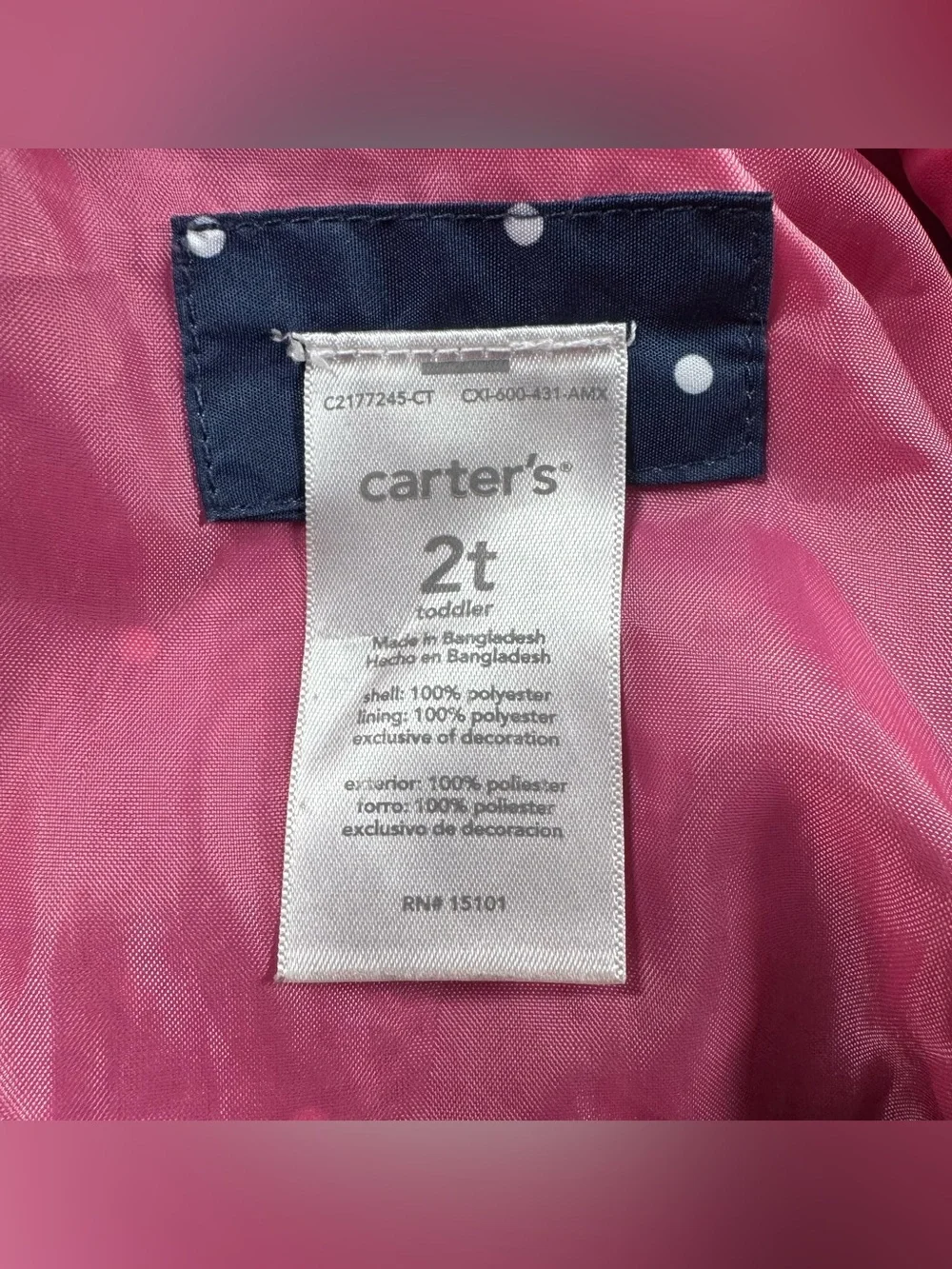 Carter's Toddler Girl 2T Navy Blue Pink Hooded Windbreaker Polka Dot Jacket
